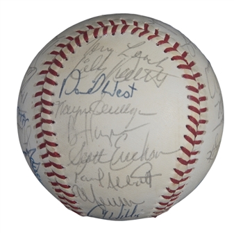 1991 World Series Champion Minnesota Twins Team Signed OAL Brown Baseball With 31 Signatures Including  Puckett, Morris & Oliva (JSA)